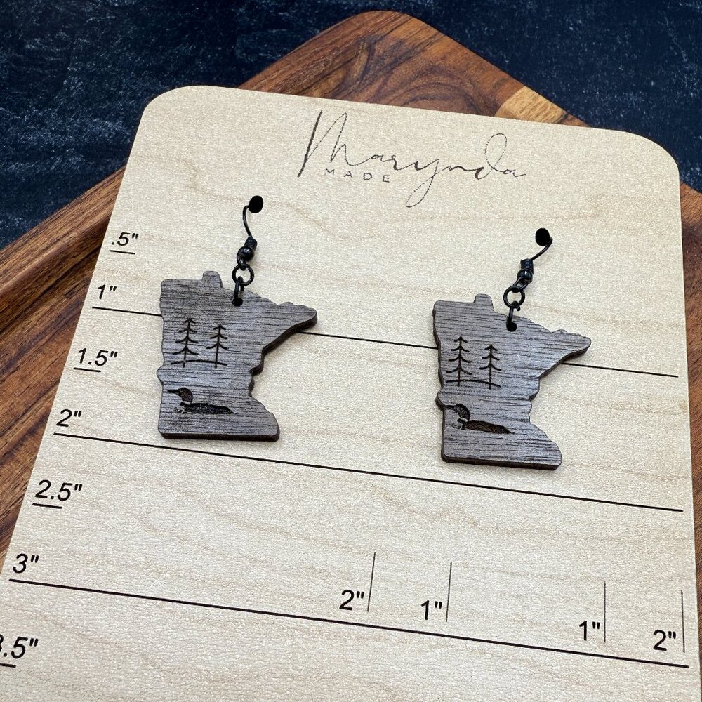 Minnesota Wood Earrings | Walnut Dangle Earrings with Trees & Loon | State Pride